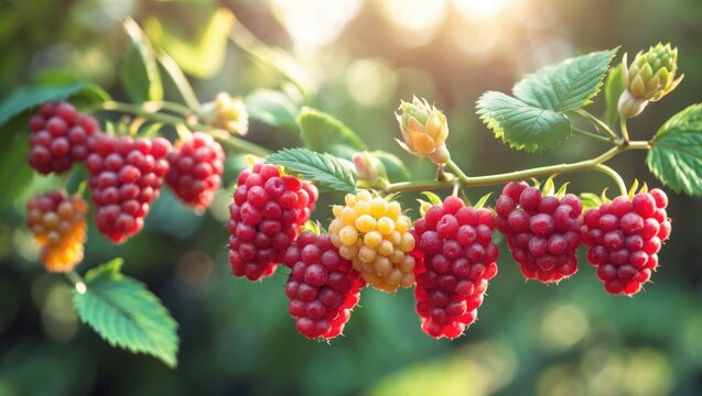 Branch of mature raspberries in garden. Sweet red berries growing on bush in fruit garden.