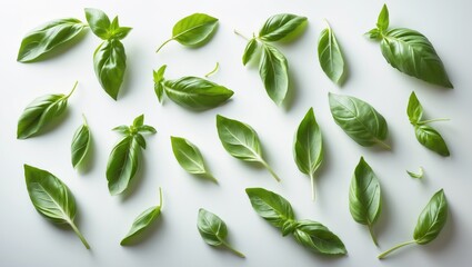 Naklejka premium Basil leaves separated against a white backdrop. Assortment of basil green fresh leaves in various positions. Healthy eating, aromatic herb, food component, spice for cooking.