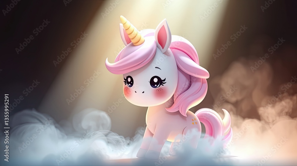 Aufkleber a charming unicorn with pastel colors plays in a foggy setting illuminated by soft beams of light th