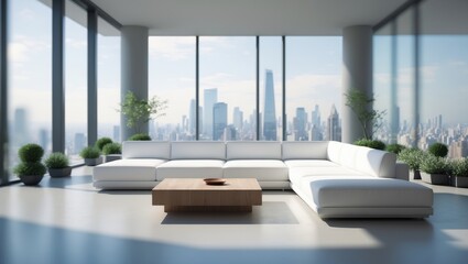 Fototapeta premium Stylish minimalist living room with a blurred background featuring a bright white sectional sofa, large windows, and chic decor, ideal for comfort and relaxation.