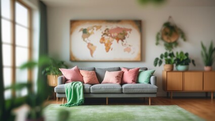 Blurred perspective of living room featuring a sofa and map by the window.