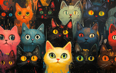 Colorful Cat Faces Painting, Whimsical Feline Art, Playful Animal Portrait, Modern Pet Illustration