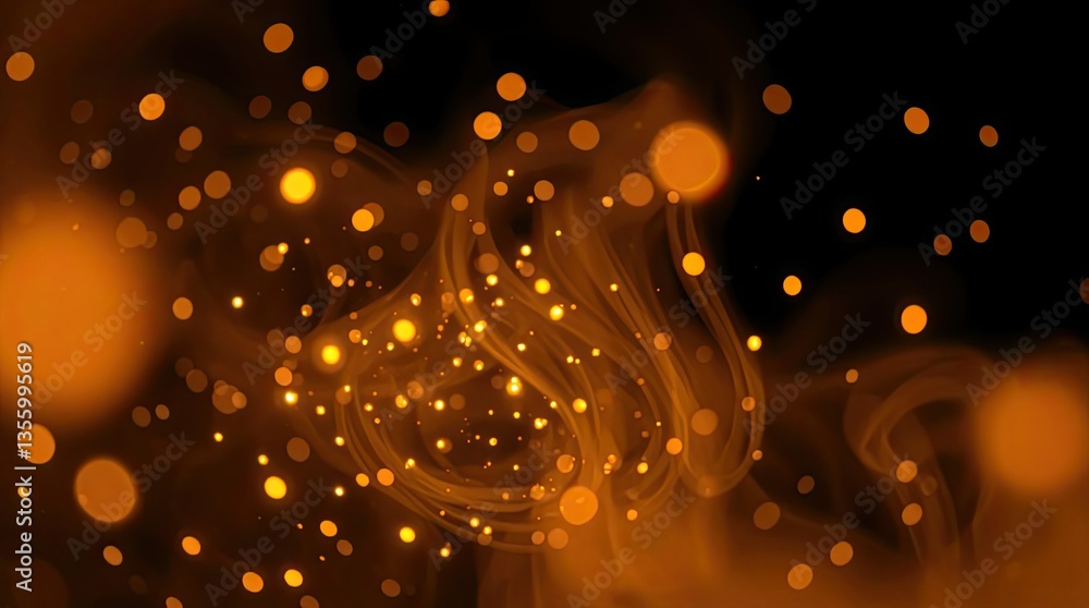 Poster intricate patterns of glowing orange and yellow particles dance elegantly in a dark setting creating
