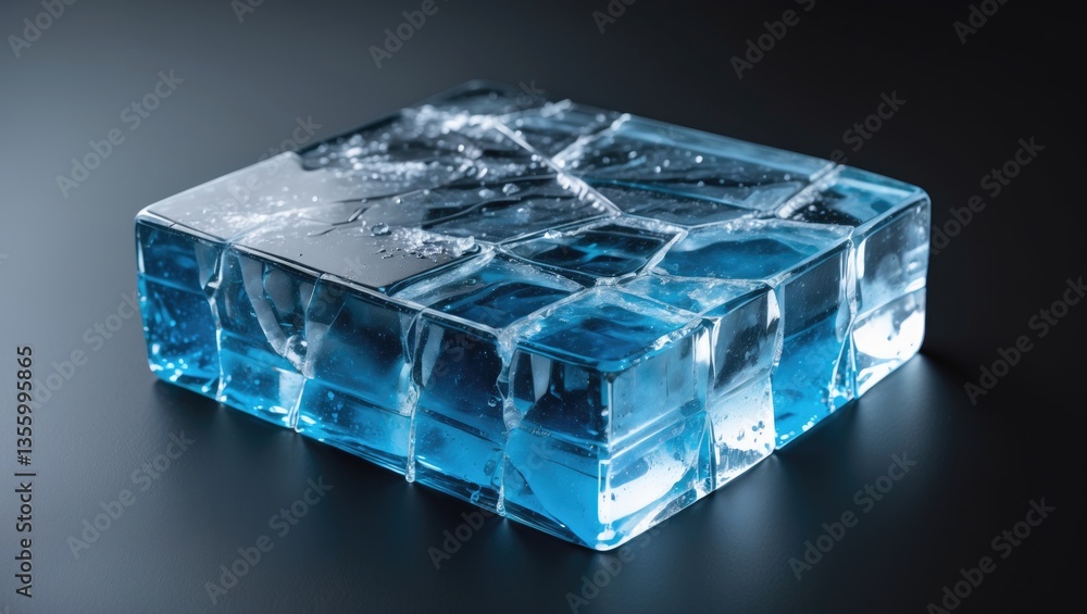 Poster blue-toned rectangular block of ice, featuring cracks, isolated against a background. clipping path 