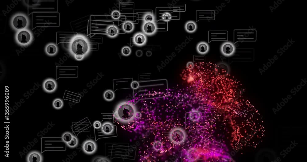 Aufkleber animation of digital communication icons with glowing particles forming network on black backdrop
