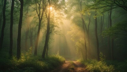 Beams of sunlight shine through tall leafy trees and create a captivating moment in the woodland. A gentle mist hangs in the air and enhances the tranquility and peace of nature.