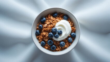 Bowl of whole grain muesli with blueberries and yogurt set against a white background.