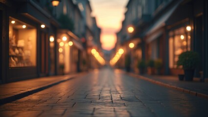 Blurred Background of Serene Evening Street View with Lit Shopfronts at Dusk. Out-of-Focus Image for Background.