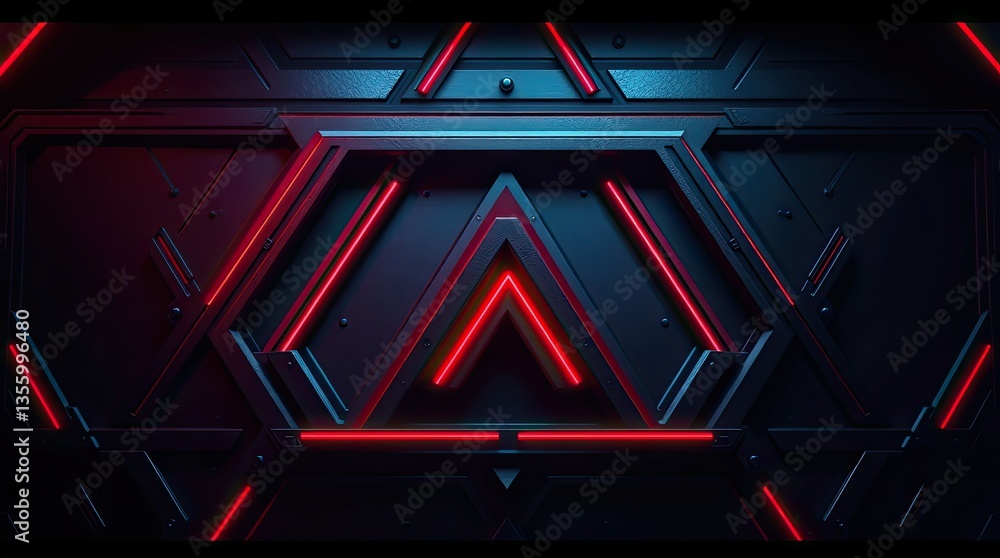 Poster dark background features a sleek geometric pattern enhanced by vibrant red and blue neon lights crea