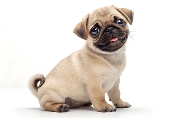 Mops,Adorable pug sitting against white background, showcasing its cute expression,A high-resolution image of an adorable fawn-colored pug puppy sitting on a clean white background.