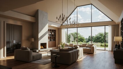A modern living room with large windows and a cozy atmosphere.