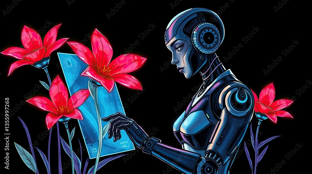 Poster a humanoid robot examines a luminous screen while surrounded by vivid pink flowers creating a contra