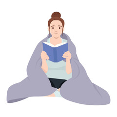 Woman Reading Under a Blanket. Calm woman sits cross-legged, wrapped in a cozy blanket, peacefully. Flat vector illustration isolated on white background