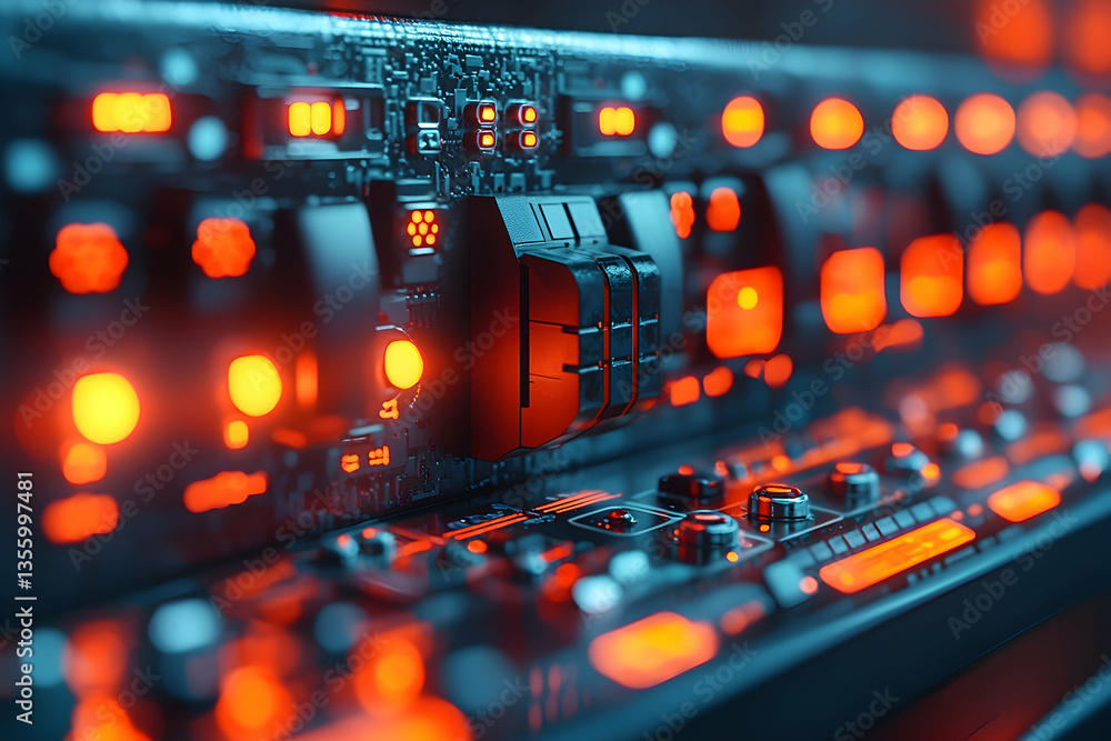 Poster an intriguing image of a server rack with a futuristic design. it features a complex circuit board w