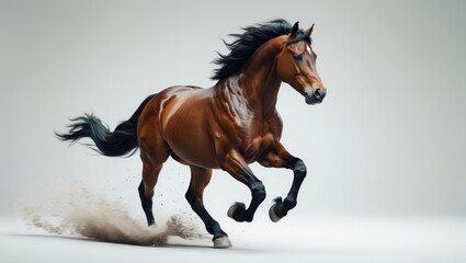 Fototapeta premium Bay stallion galloping at full speed, isolated against a white background.