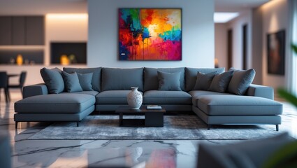 Contemporary gray sectional sofa with a blurred background enhances a modern living room, showcasing marble flooring and vibrant artwork, resulting in a stylish and welcoming atmosphere.