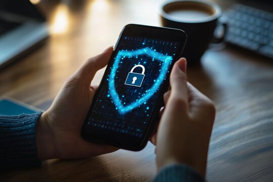 Hands holding phone displaying digital shield and lock.