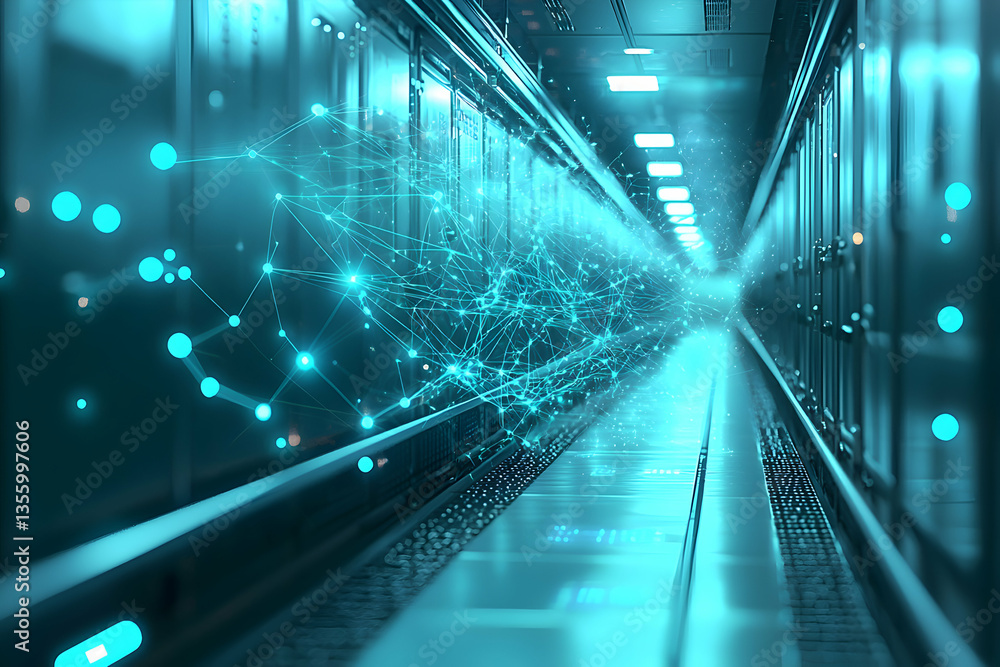 Poster a futuristic data center visualization depicting a network of interconnected data. ideal for tech-re