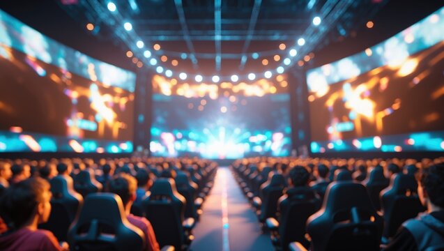 Blurred event featuring a crowd background - hazy computer game exhibition with bokeh lights and a vintage tone - business concept.