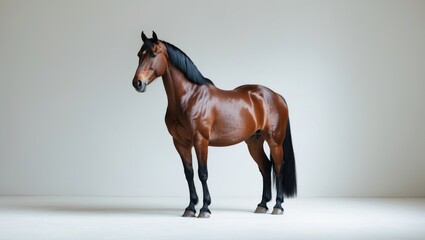 Bay horse standing alone against a white background.