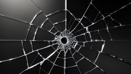 Fototapeta premium Broken glass resembling a spider web or bullet hole in door photography, black and white isolated backdrop.