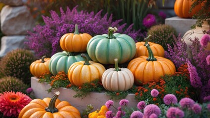 Vibrant autumn harvest pumpkins accompanied by bright pink flowers and heather in an outdoor decorative arrangement. Concept of fall season, harvest celebration, and seasonal home decor.