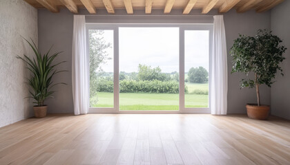 Fototapeta premium Modern minimalist interior with large window showcasing greenery outside