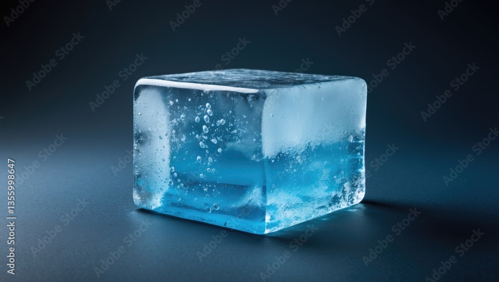 Poster rectangular ice block with a blue tone and texture, isolated against a background. clipping path inc