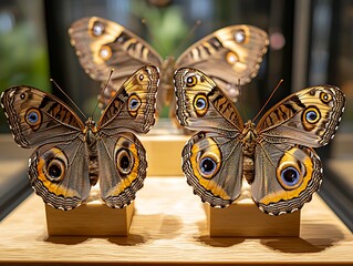 Several beautiful preserved butterflies are mounted and displayed on stands