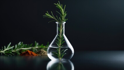 Bottle of essential oil displayed with herbs in the background. Collection of spices and herbal elements in low key.