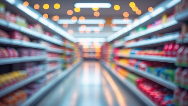 Blurred picture of supermarket aisle and shelves. Defocused blurry backdrop with bokeh lighting in the store.