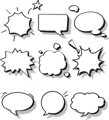 Set of retro-style empty comic speech bubbles with bold halftone shadow effects. Vintage pop art design elements perfect for illustrations, posters, or graphic novels &ndash; vector stock illustration.