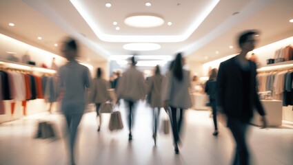 Blurred image of individuals strolling and shopping in an atmosphere of a modernly decorated shopping center background.