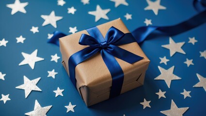 Craft gift box in a blue theme adorned with a classic blue ribbon and star-shaped confetti, holiday, xmas, christmas. Shopping, sale banner, flyer, coupon concept.