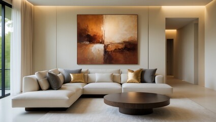 Blurred backdrop of a contemporary living room showcasing a soft sectional sofa, neutral decor, and modern art, establishing a welcoming and stylish environment for relaxation.