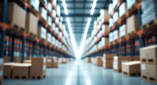 Blurred backdrop of a spacious indoor warehouse featuring high racks filled with products for supply chain procurement logistics operations and e-commerce distribution channel value chain concept.