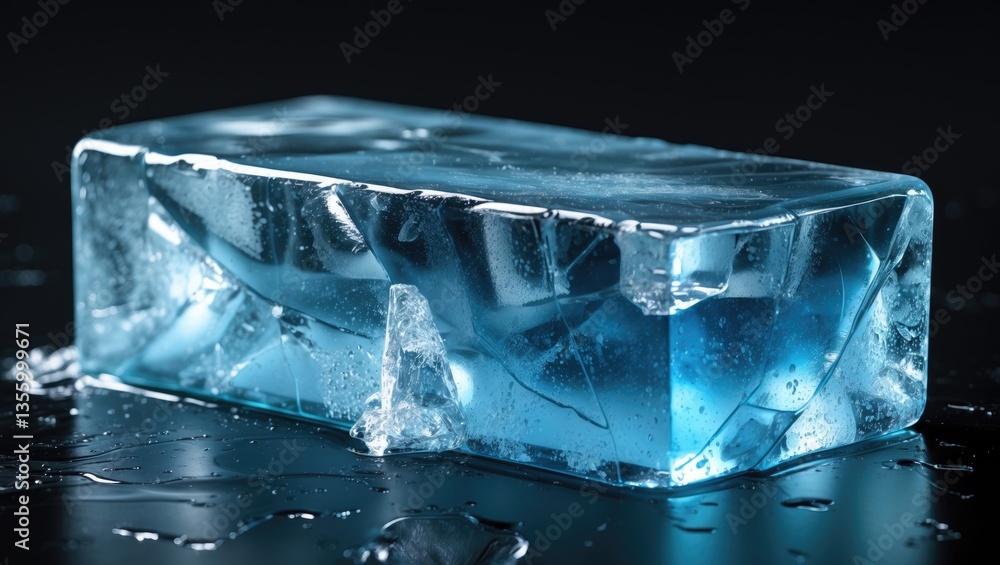 Poster blue-tinted rectangular ice block, featuring cracks, isolated on a solid background. clipping path i