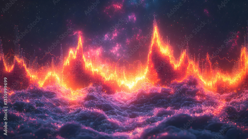 Poster A vibrant abstract image depicting glowing data streams over a cosmic cloudscape. Perfect for visualizations and tech related designs such as websites.