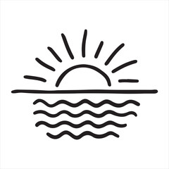 Minimalist Sun and Waves Line Art Illustration,Hand Drawn Sunrise Over Ocean Vector,Simple Sunset and Sea Waves Sketch,Black and White Sun and Water Line Drawing,Elegant Sun Rising Over Waves Vector