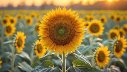 Fototapeta premium Close-up of a Bright Sunflower in full bloom, creating an abstract natural background. Field of sunflowers under warm light.
