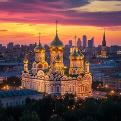 Fototapeta premium golden domes of a large cathedral rising above a bustling city, modern and historic blend, vibrant sunset lighting, dynamic and picturesque