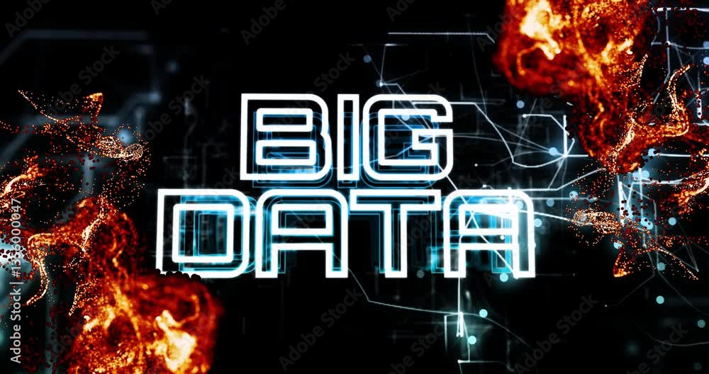 Poster Animation of fiery explosions and digital network connections in big data theme