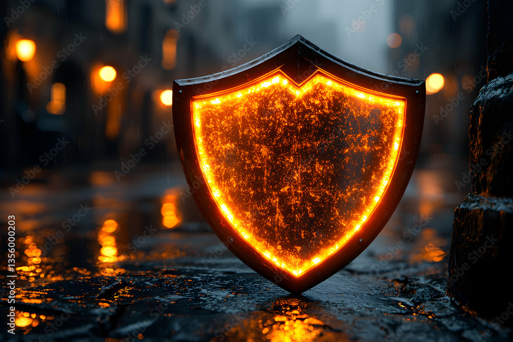Poster an illuminated shield represents protection and security. use this image for cybersecurity website h
