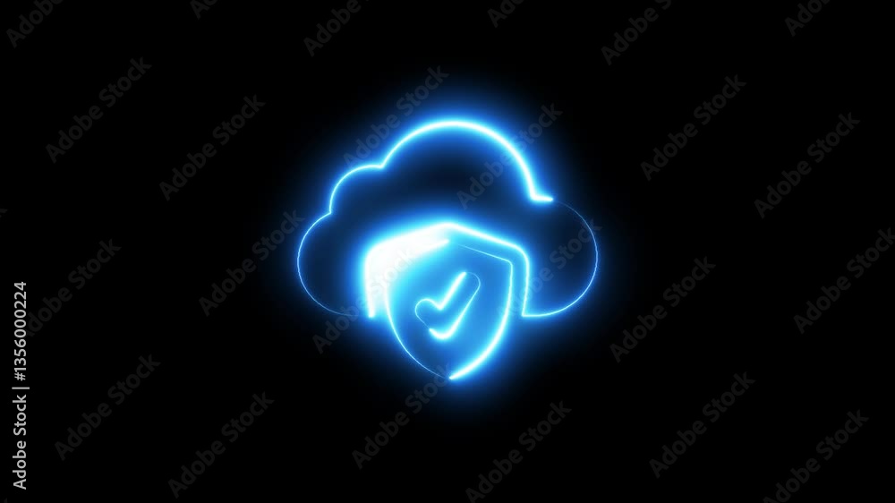 Poster glowing neon shield icon representing cloud security isolated . glowing neon cloud with security ico