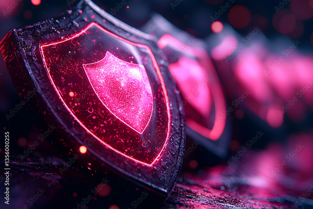Poster a futuristic depiction of protective shields with vibrant pink and red glowing elements suggesting s