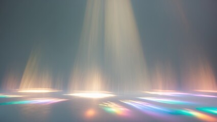 Blurred overlay effect for photo and product mockup presentations. Empty setting with a gray backdrop and organic drop shadows along with rays of light. Natural effect of rainbow light refraction.