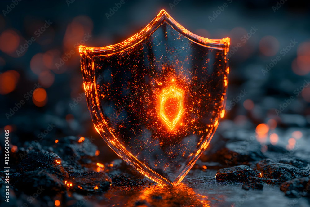 Poster glowing shield symbolizing cyber security. suggests protection and data defense. a powerful visual f