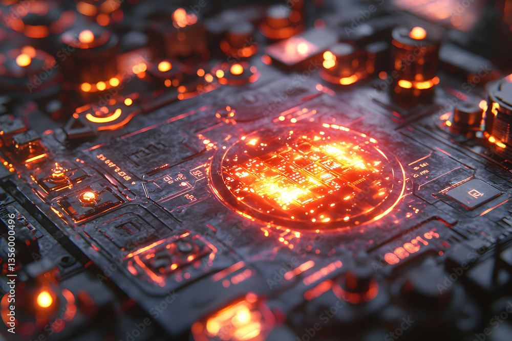 Poster futuristic glowing circuit board in close-up. suggests advanced technology and data processing. grea