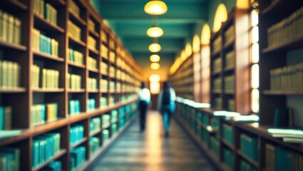 Blurred school library or study room featuring book shelves for educational background.
