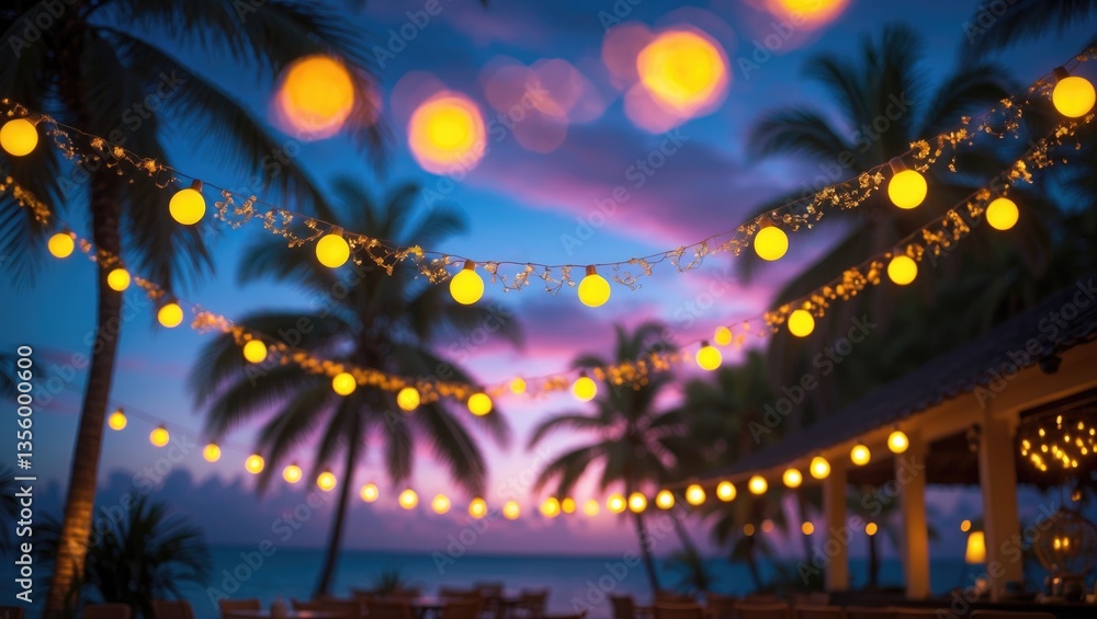 Aufkleber blurred light bokeh featuring palm tree backdrop at sunset, yellow string lights with bokeh decorati